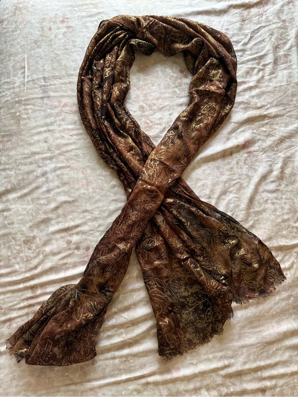 Patricia Nash Brown & Gold Metallic Scarf 100% Viscose Elegant Wrap 24” x 78” - Picture 3 of 7